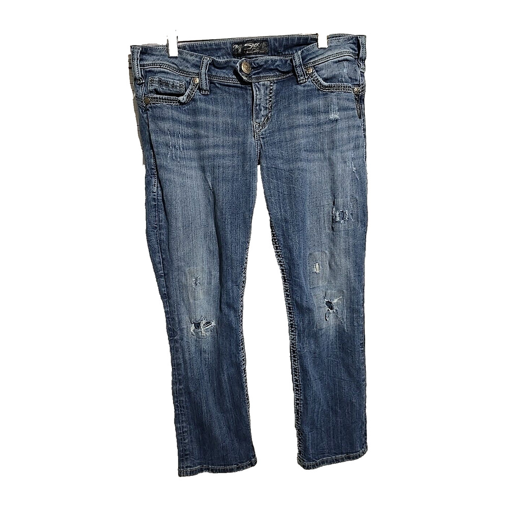 Silver Jeans Blue Denim Tuesday Rose Distressed Capri Jeans Womans Size 31
